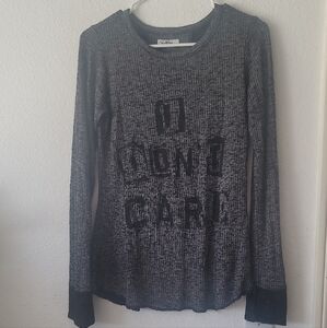 Gray Long Sleeve Ribbed Top with Black Text (I Don't Care) 🖤